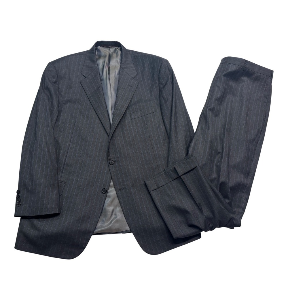 Hickey Freeman 48R 42x30 Astor Traveler Gray Blue Stripe 2pc Pant Suit USA Wool